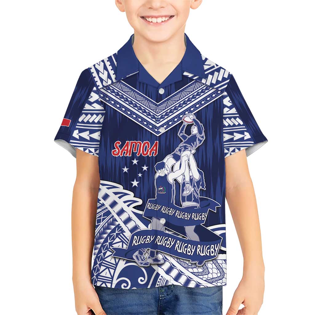 Personalised Samoa Rugby Family Matching Short Sleeve Bodycon Dress and Hawaiian Shirt Pacific Warrior Glory DT05 Son's Shirt Navy - Polynesian Pride
