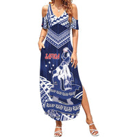 Personalised Samoa Rugby Family Matching Summer Maxi Dress and Hawaiian Shirt Pacific Warrior Glory DT05 Mom's Dress Navy - Polynesian Pride