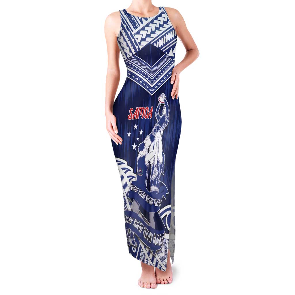 Personalised Samoa Rugby Family Matching Tank Maxi Dress and Hawaiian Shirt Pacific Warrior Glory DT05 Mom's Dress Navy - Polynesian Pride