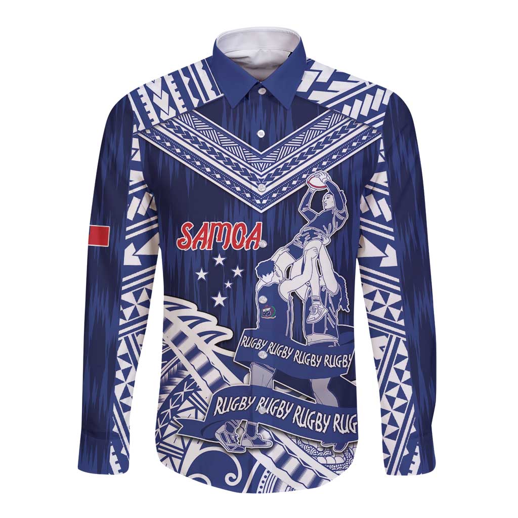 Personalised Samoa Rugby Long Sleeve Button Shirt Pacific Warrior Glory - Polynesian Pride