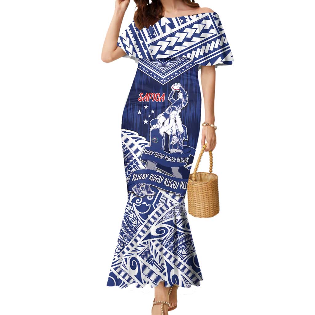 Personalised Samoa Rugby Mermaid Dress Pacific Warrior Glory DT05 Women Navy - Polynesian Pride