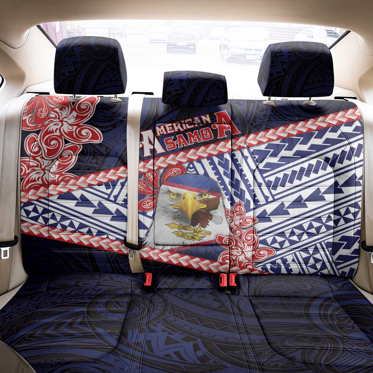 American Samoa Back Car Seat Cover Bald Eagle With Polynesian Pattern - Polynesian Pride