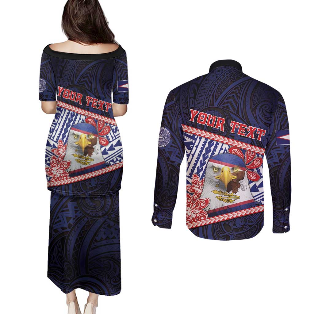 Personalized American Samoa Couples Matching Puletasi and Long Sleeve Button Shirt Bald Eagle With Polynesian Pattern - Polynesian Pride
