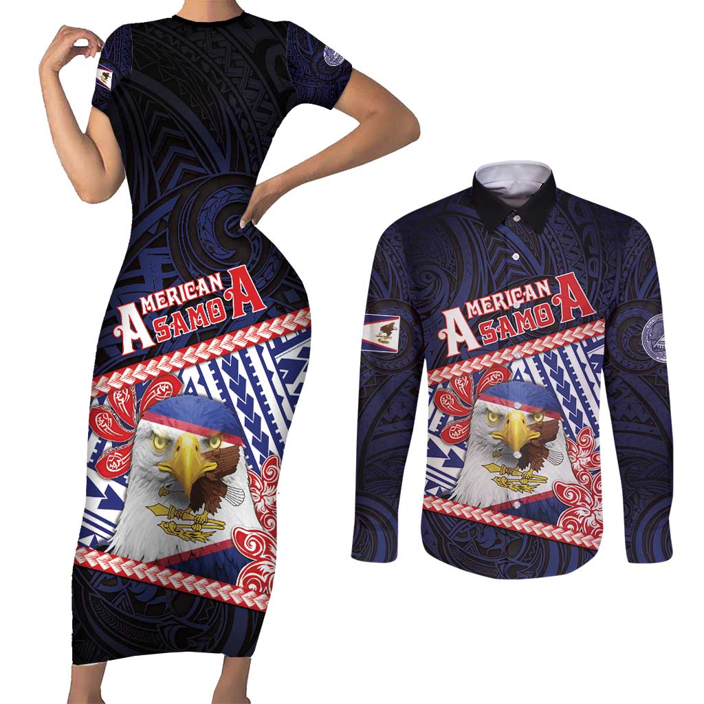 Personalized American Samoa Couples Matching Short Sleeve Bodycon Dress and Long Sleeve Button Shirt Bald Eagle With Polynesian Pattern - Polynesian Pride