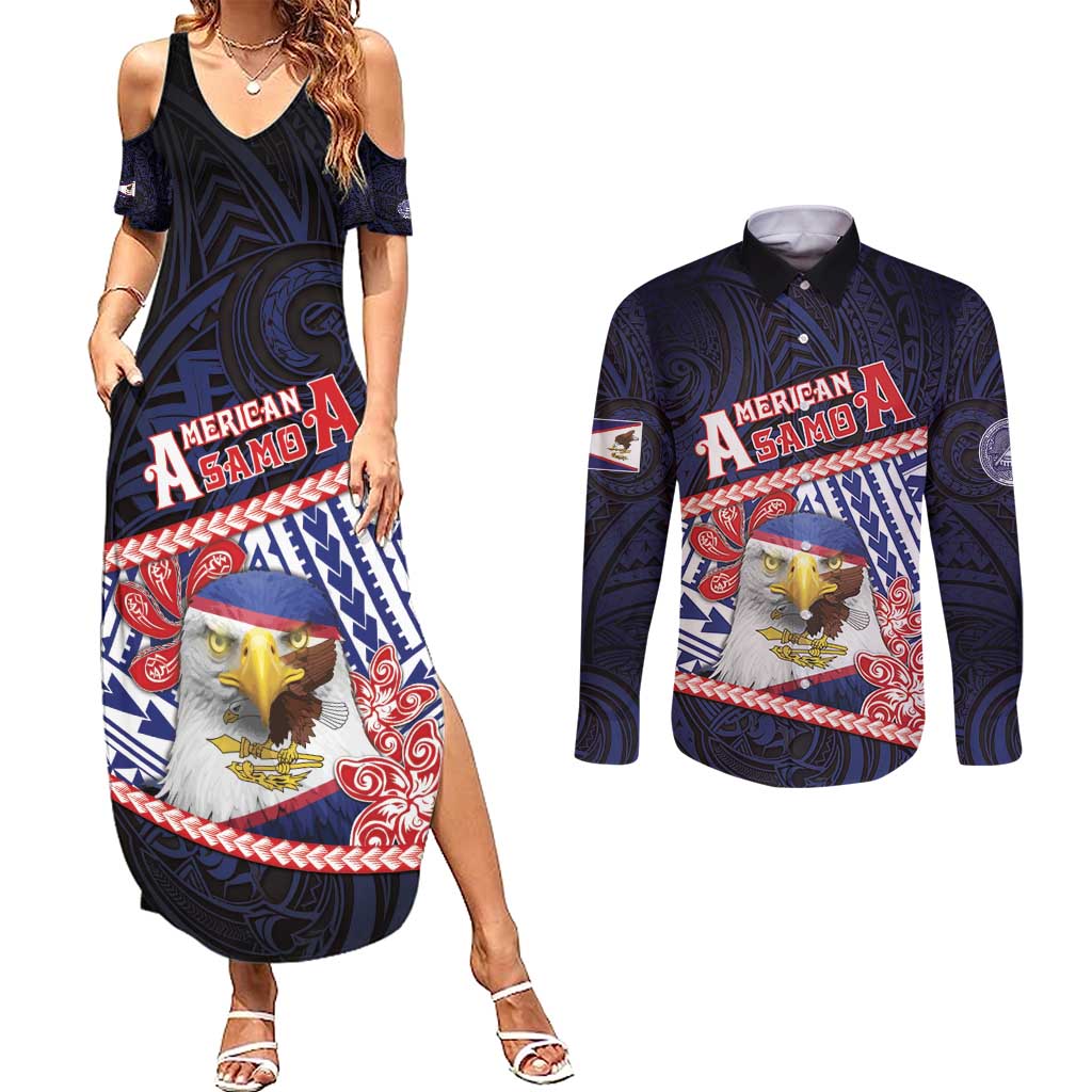 Personalized American Samoa Couples Matching Summer Maxi Dress and Long Sleeve Button Shirt Bald Eagle With Polynesian Pattern - Polynesian Pride