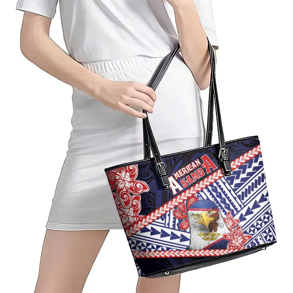 American Samoa Leather Tote Bag Bald Eagle With Polynesian Pattern - Polynesian Pride