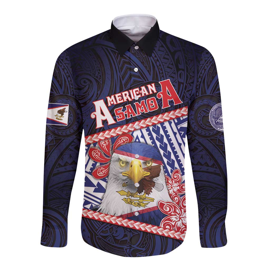 Personalized American Samoa Long Sleeve Button Shirt Bald Eagle With Polynesian Pattern - Polynesian Pride