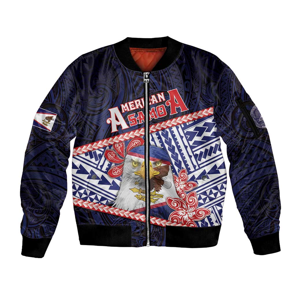Personalized American Samoa Sleeve Zip Bomber Jacket Bald Eagle With Polynesian Pattern - Polynesian Pride