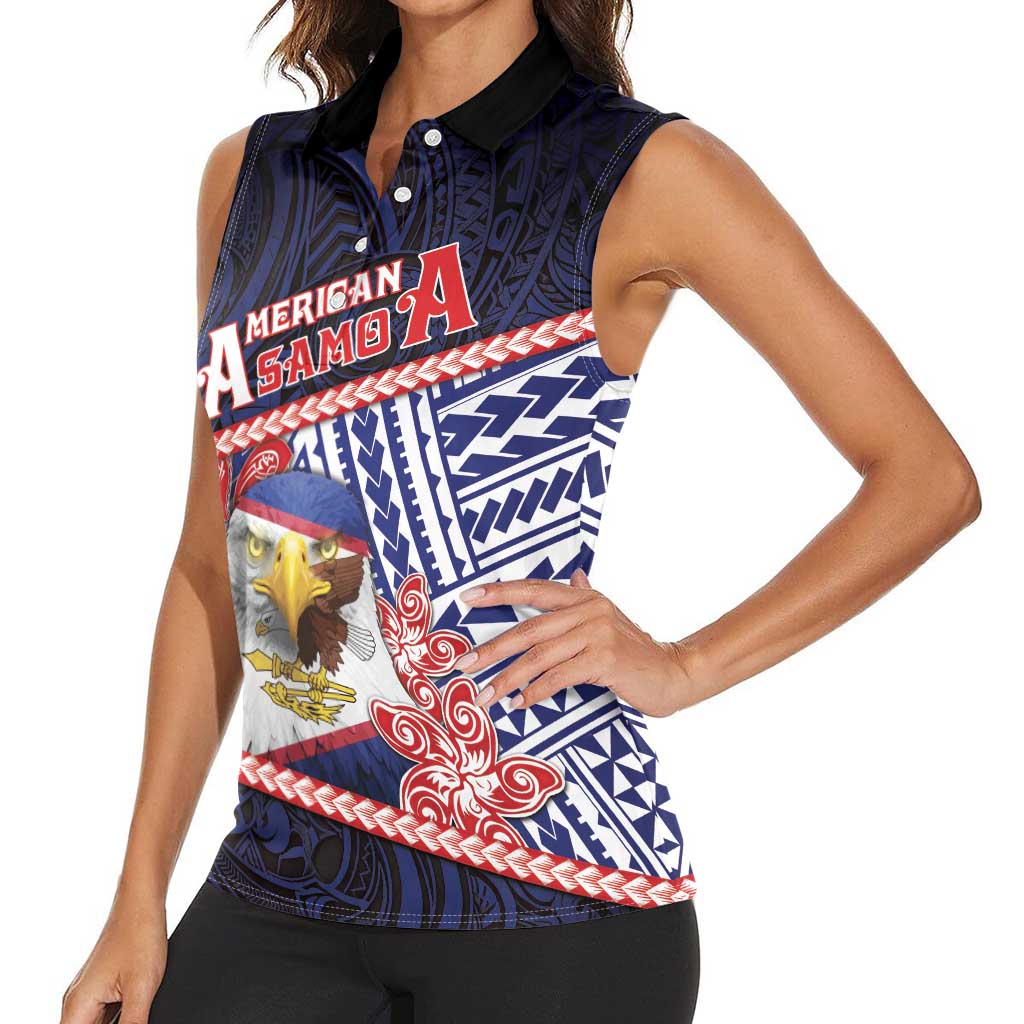 Personalized American Samoa Women Sleeveless Polo Shirt Bald Eagle With Polynesian Pattern - Polynesian Pride