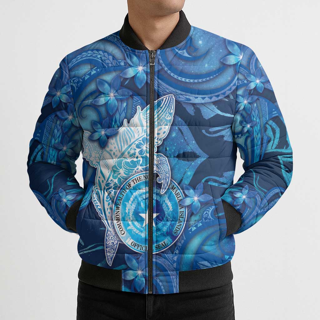 Personalised Northern Mariana Islands Bomber Puffer Jacket Galaxy Polynesian Shark Tattoo - Polynesian Pride