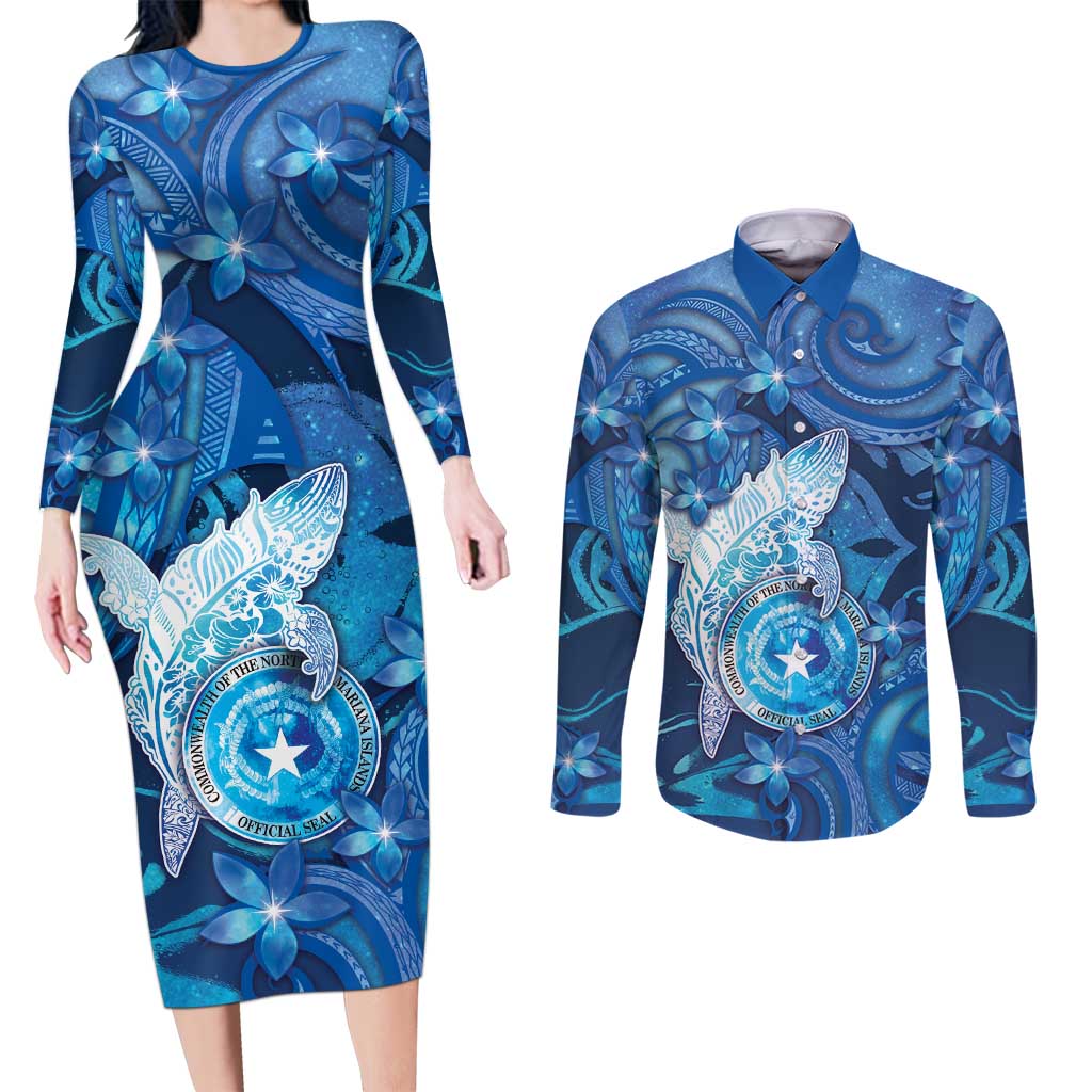 Personalised Northern Mariana Islands Couples Matching Long Sleeve Bodycon Dress and Long Sleeve Button Shirt Galaxy Polynesian Shark Tattoo - Polynesian Pride