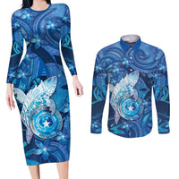 Personalised Northern Mariana Islands Couples Matching Long Sleeve Bodycon Dress and Long Sleeve Button Shirt Galaxy Polynesian Shark Tattoo - Polynesian Pride