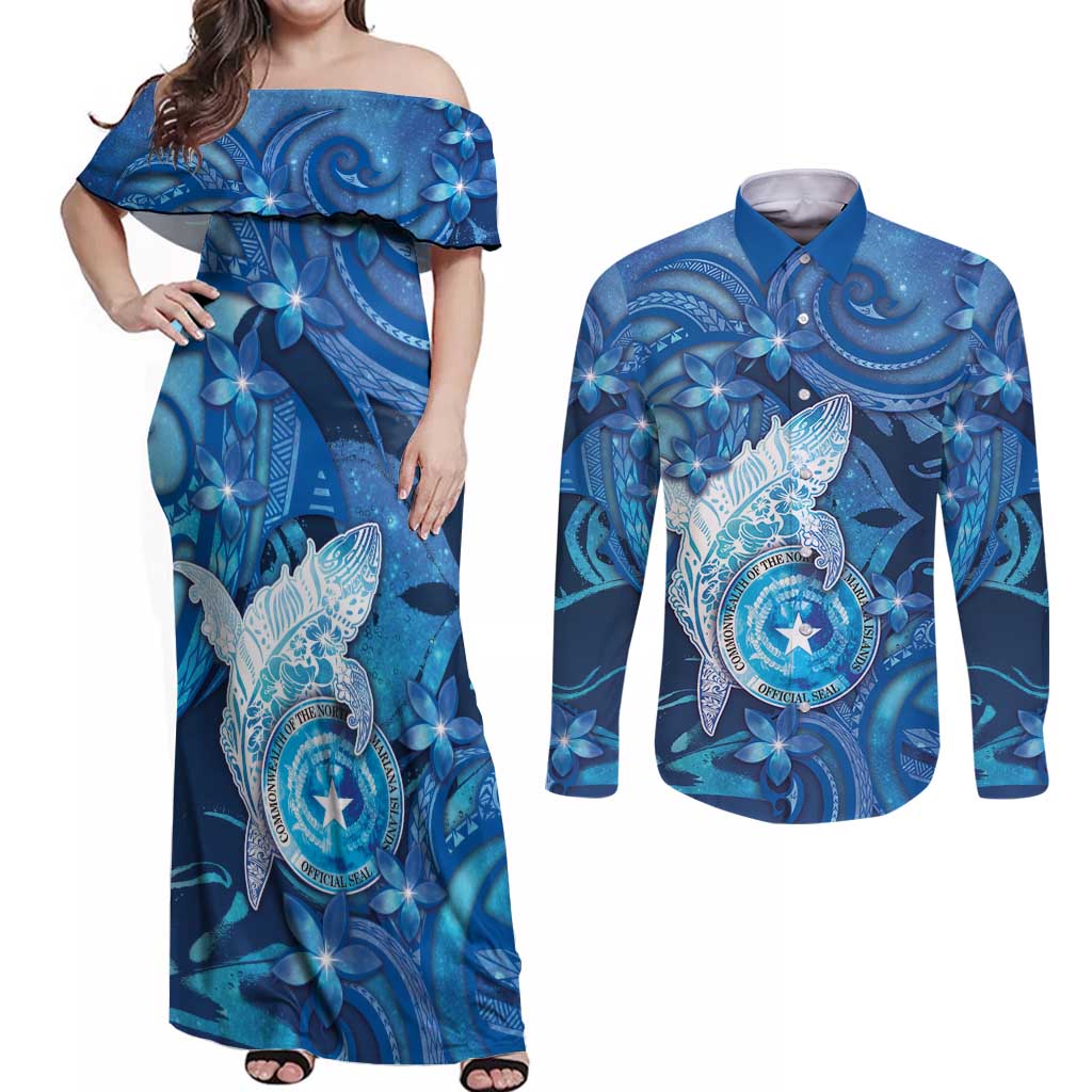 Personalised Northern Mariana Islands Couples Matching Off Shoulder Maxi Dress and Long Sleeve Button Shirt Galaxy Polynesian Shark Tattoo - Polynesian Pride