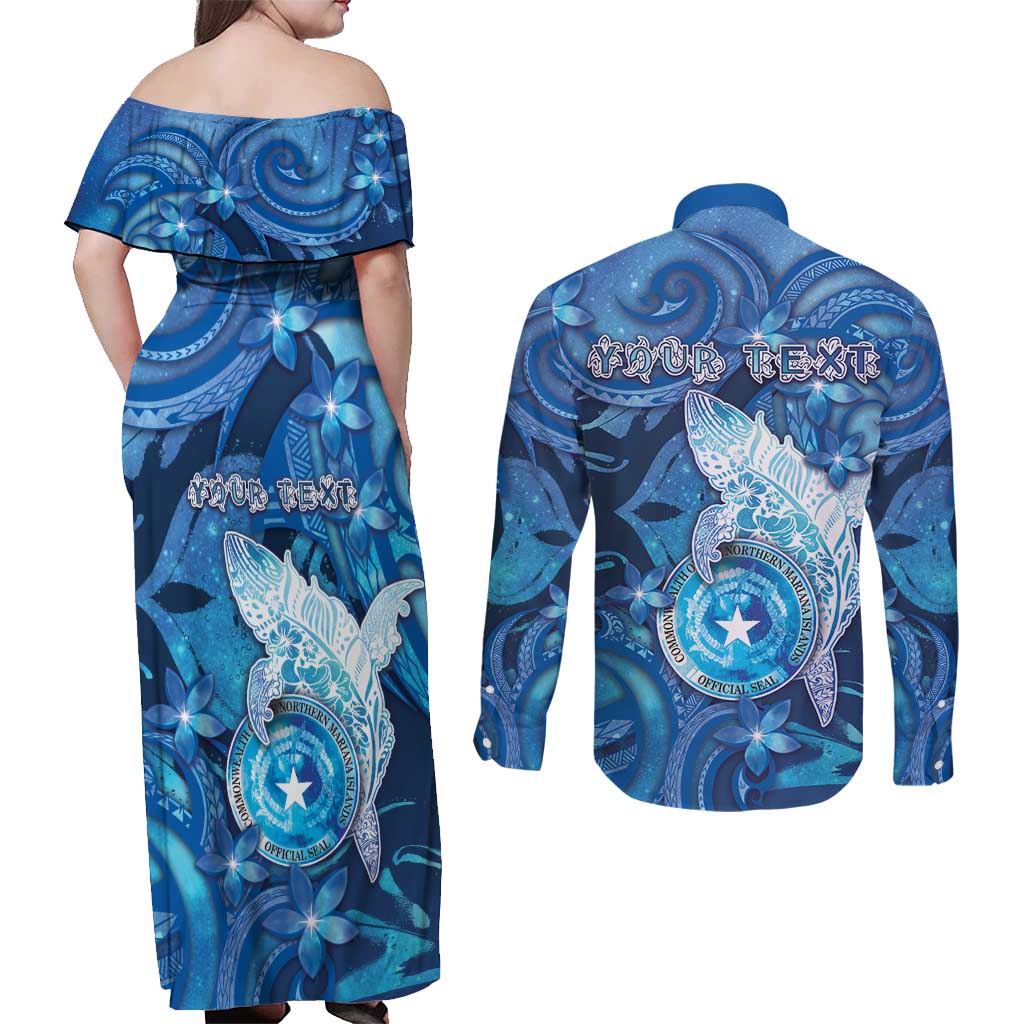Personalised Northern Mariana Islands Couples Matching Off Shoulder Maxi Dress and Long Sleeve Button Shirt Galaxy Polynesian Shark Tattoo - Polynesian Pride