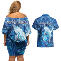 Personalised Northern Mariana Islands Couples Matching Off Shoulder Short Dress and Hawaiian Shirt Galaxy Polynesian Shark Tattoo - Polynesian Pride