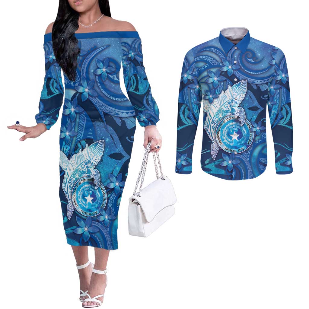 Personalised Northern Mariana Islands Couples Matching Off The Shoulder Long Sleeve Dress and Long Sleeve Button Shirt Galaxy Polynesian Shark Tattoo - Polynesian Pride