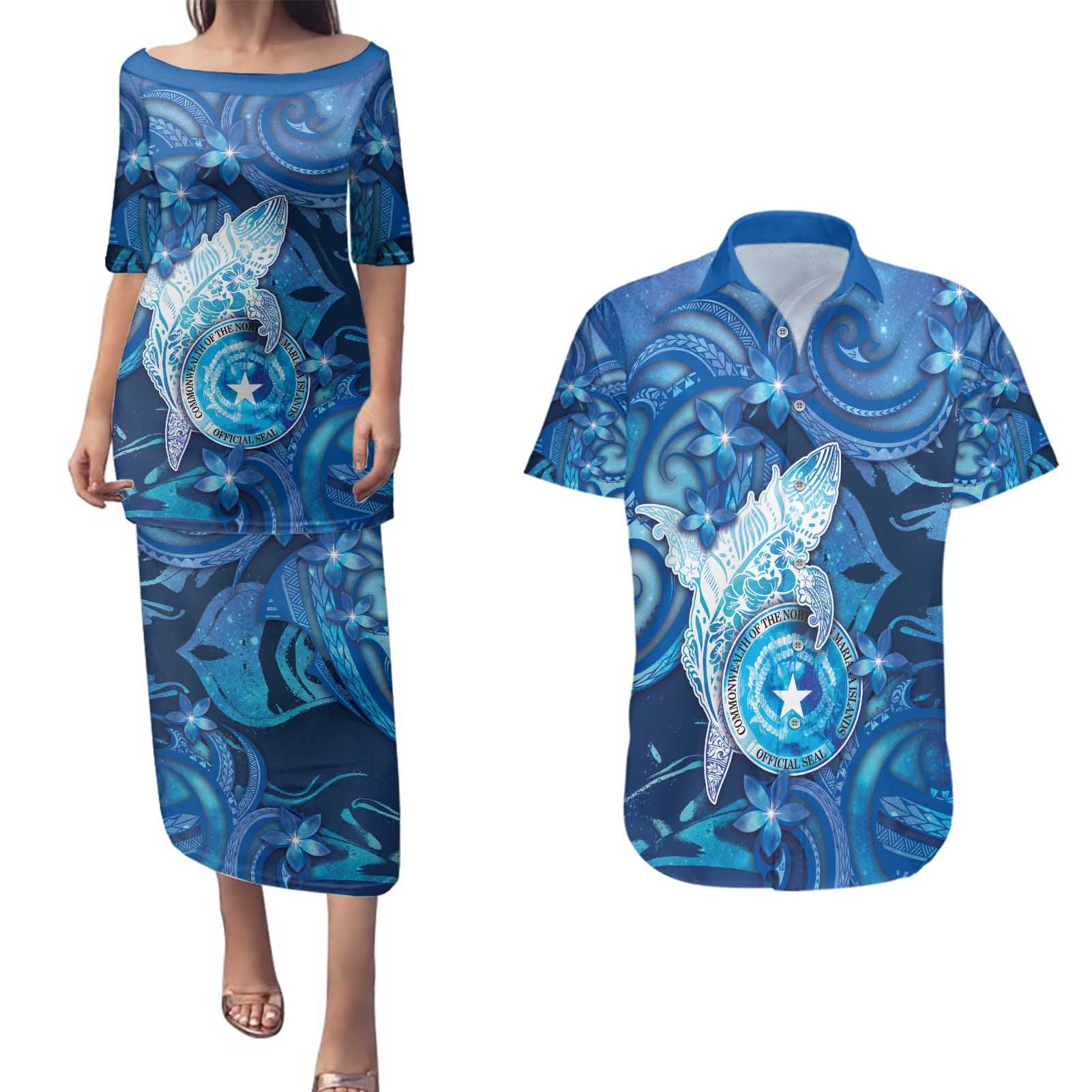 Personalised Northern Mariana Islands Couples Matching Puletasi and Hawaiian Shirt Galaxy Polynesian Shark Tattoo - Polynesian Pride