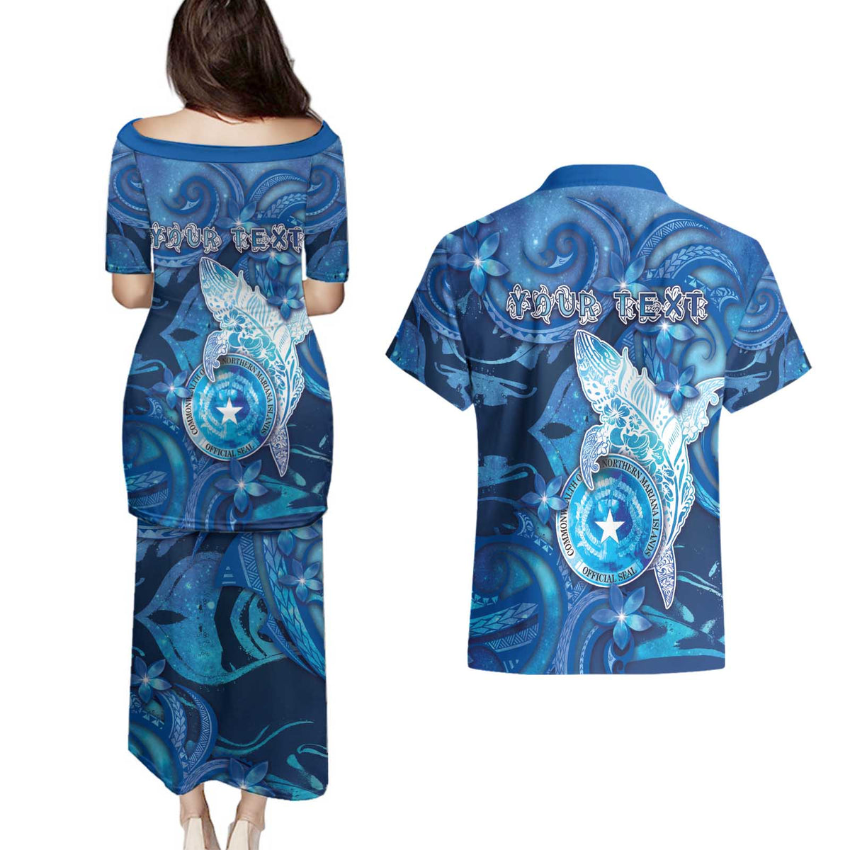 Personalised Northern Mariana Islands Couples Matching Puletasi and Hawaiian Shirt Galaxy Polynesian Shark Tattoo - Polynesian Pride