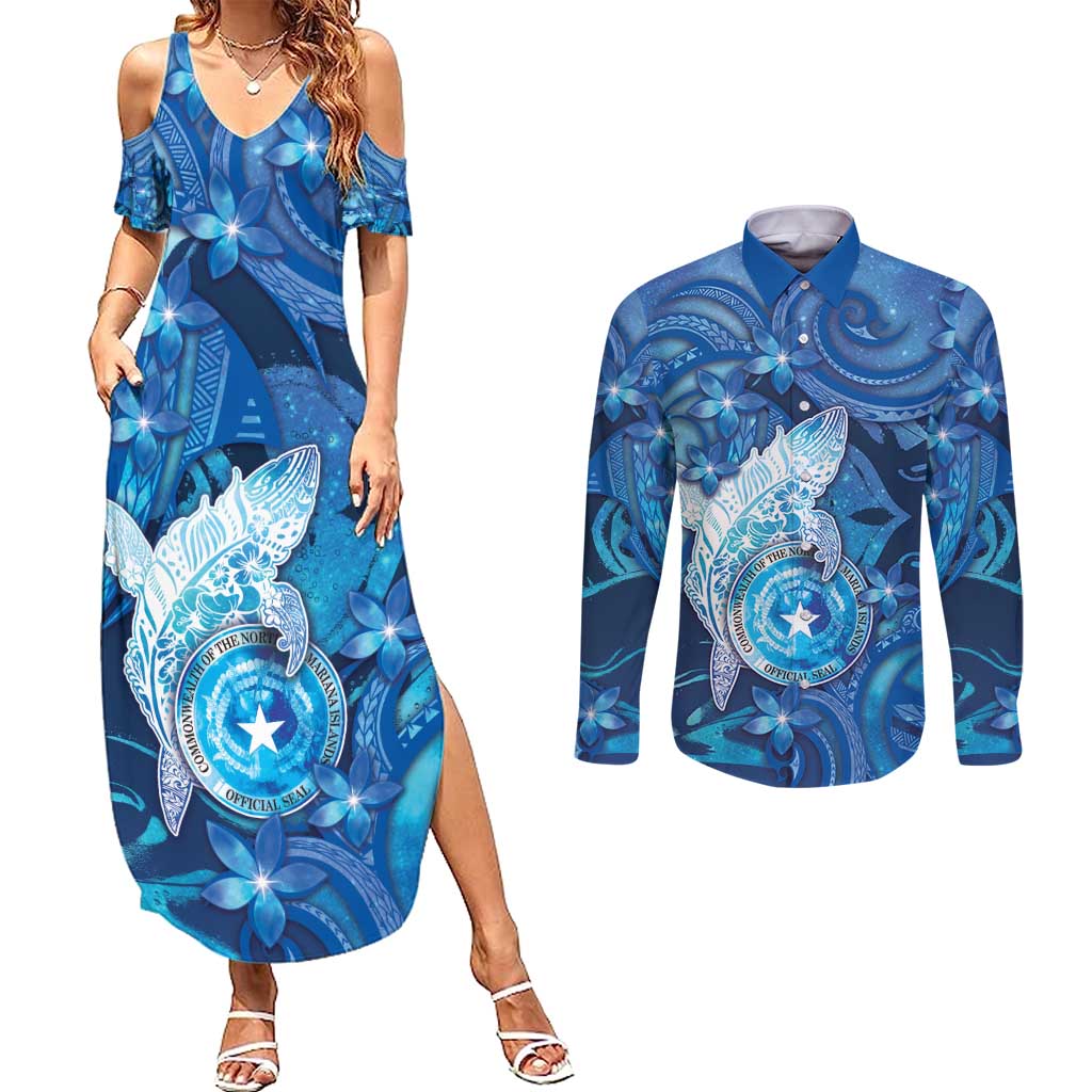 Personalised Northern Mariana Islands Couples Matching Summer Maxi Dress and Long Sleeve Button Shirt Galaxy Polynesian Shark Tattoo - Polynesian Pride