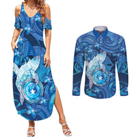 Personalised Northern Mariana Islands Couples Matching Summer Maxi Dress and Long Sleeve Button Shirt Galaxy Polynesian Shark Tattoo - Polynesian Pride