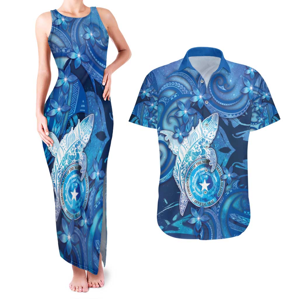 Personalised Northern Mariana Islands Couples Matching Tank Maxi Dress and Hawaiian Shirt Galaxy Polynesian Shark Tattoo - Polynesian Pride