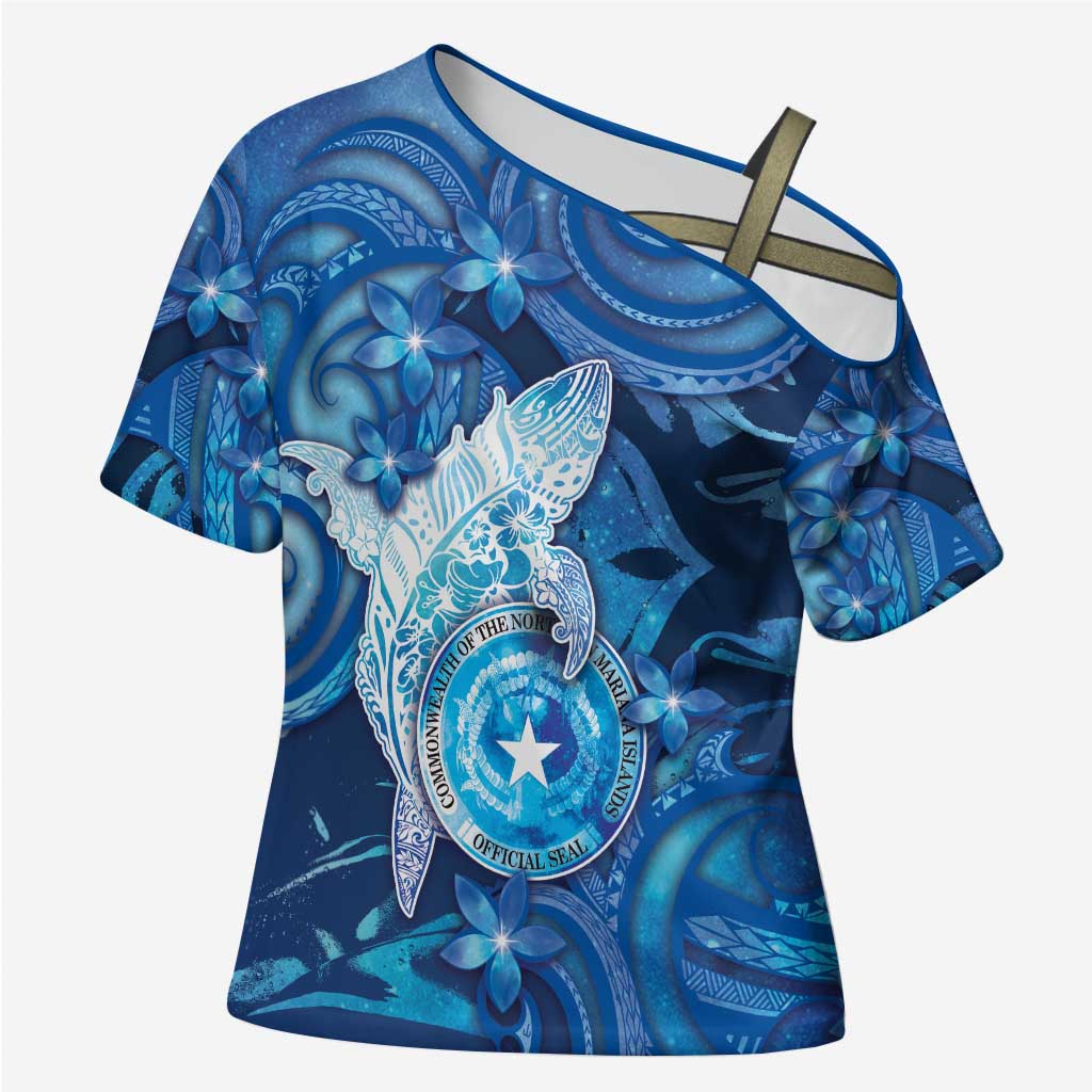 Personalised Northern Mariana Islands Cross Shoulder Shirt Galaxy Polynesian Shark Tattoo - Polynesian Pride