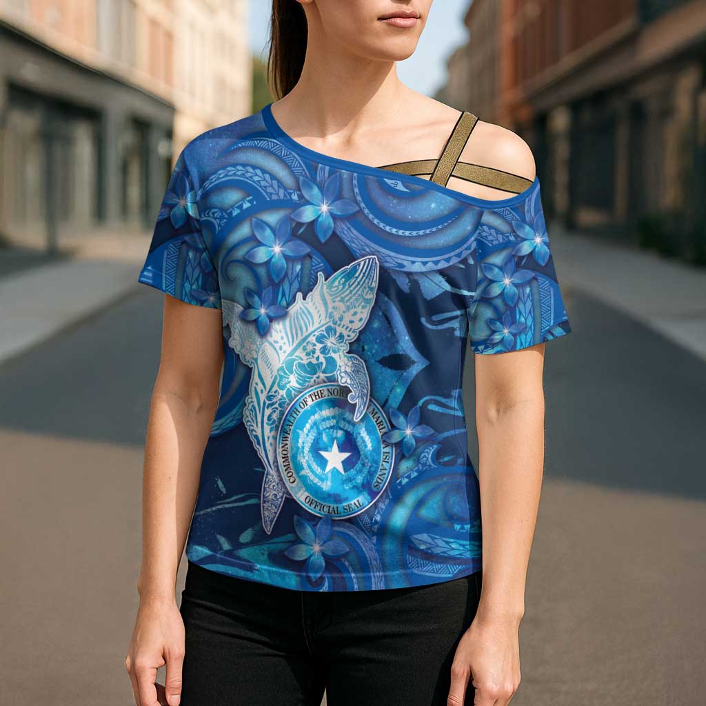 Personalised Northern Mariana Islands Cross Shoulder Shirt Galaxy Polynesian Shark Tattoo - Polynesian Pride