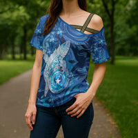 Personalised Northern Mariana Islands Cross Shoulder Shirt Galaxy Polynesian Shark Tattoo - Polynesian Pride