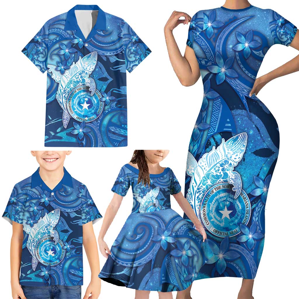 Personalised Northern Mariana Islands Family Matching Short Sleeve Bodycon Dress and Hawaiian Shirt Galaxy Polynesian Shark Tattoo - Polynesian Pride