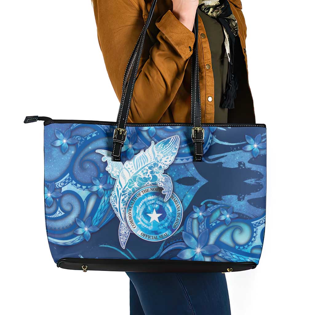 Northern Mariana Islands Leather Tote Bag Galaxy Polynesian Shark Tattoo - Polynesian Pride