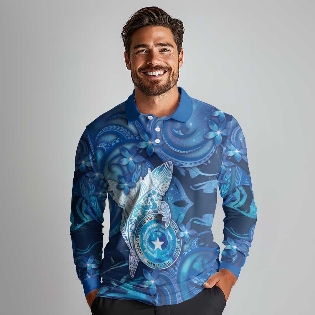 Personalised Northern Mariana Islands Long Sleeve Polo Shirt Galaxy Polynesian Shark Tattoo - Polynesian Pride