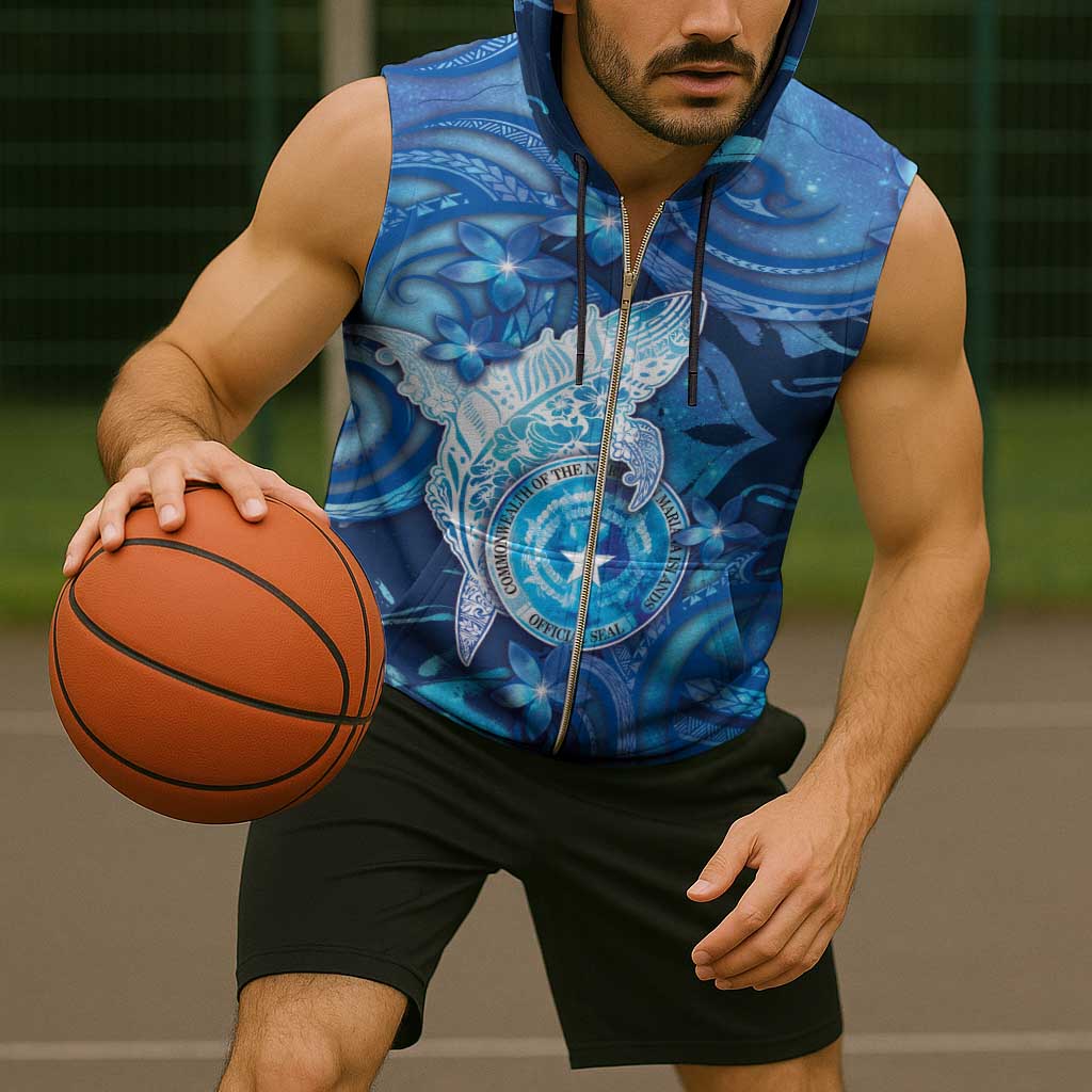 Personalised Northern Mariana Islands Sleeveless Zip Hoodie Galaxy Polynesian Shark Tattoo - Polynesian Pride