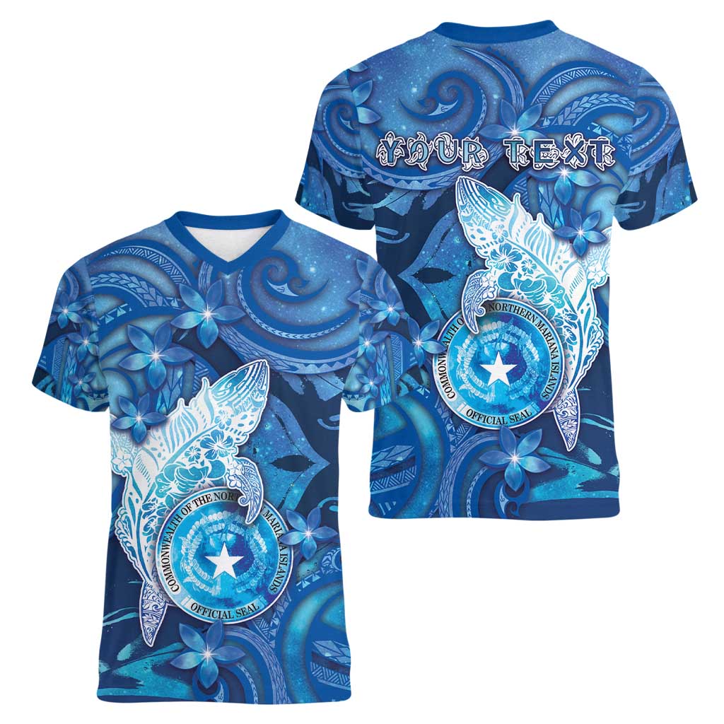 Personalised Northern Mariana Islands Women V-Neck T-Shirt Galaxy Polynesian Shark Tattoo - Polynesian Pride