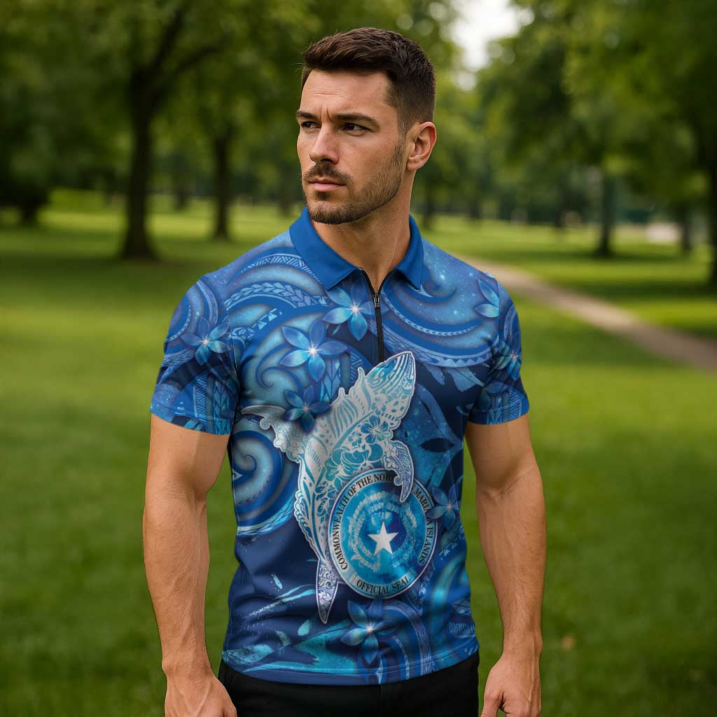 Personalised Northern Mariana Islands Zipper Polo Shirt Galaxy Polynesian Shark Tattoo - Polynesian Pride