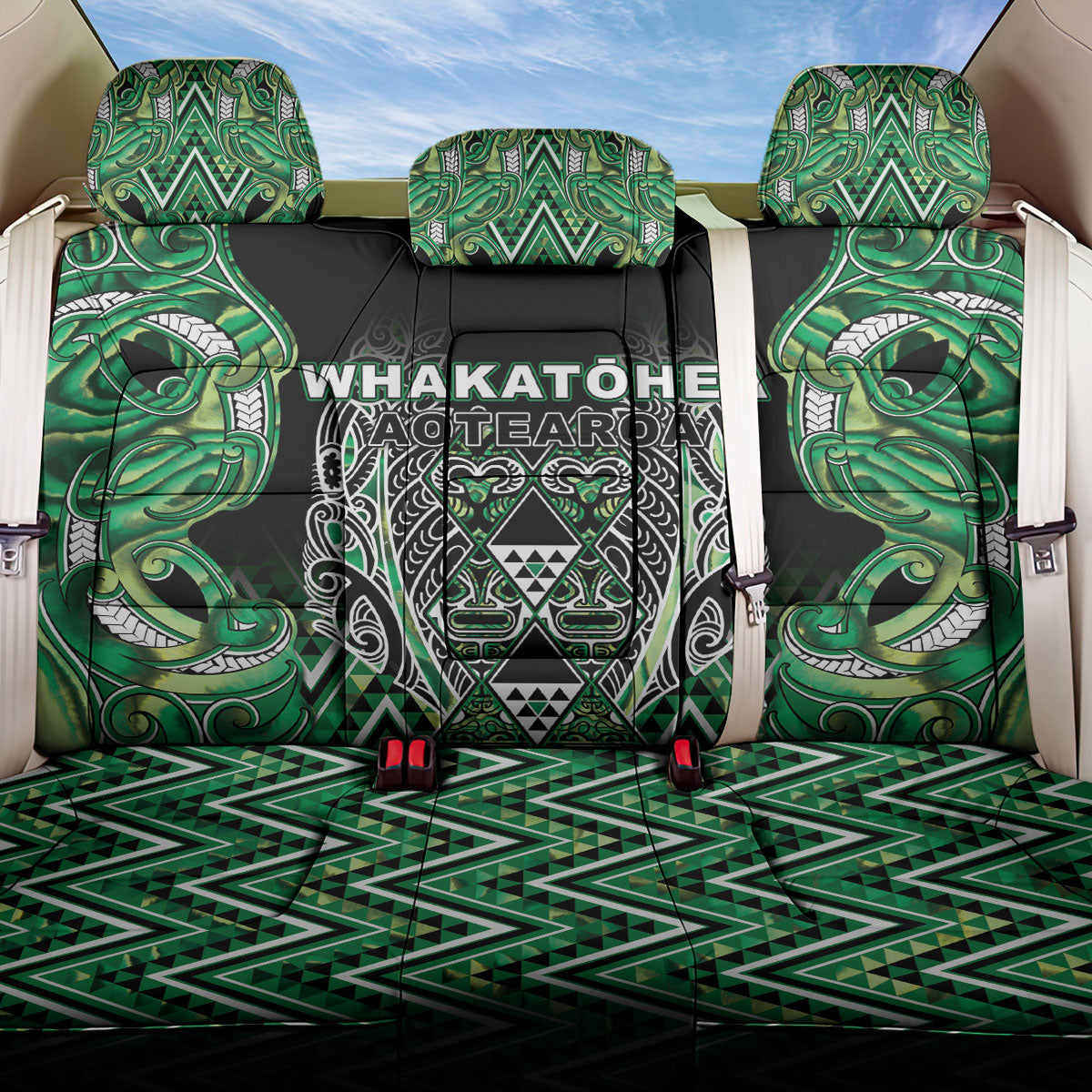 Aotearoa Whakatohea Back Car Seat Cover Maori Tribal Green Abalone Paua Shell Pattern DT05 One Size Green - Polynesian Pride