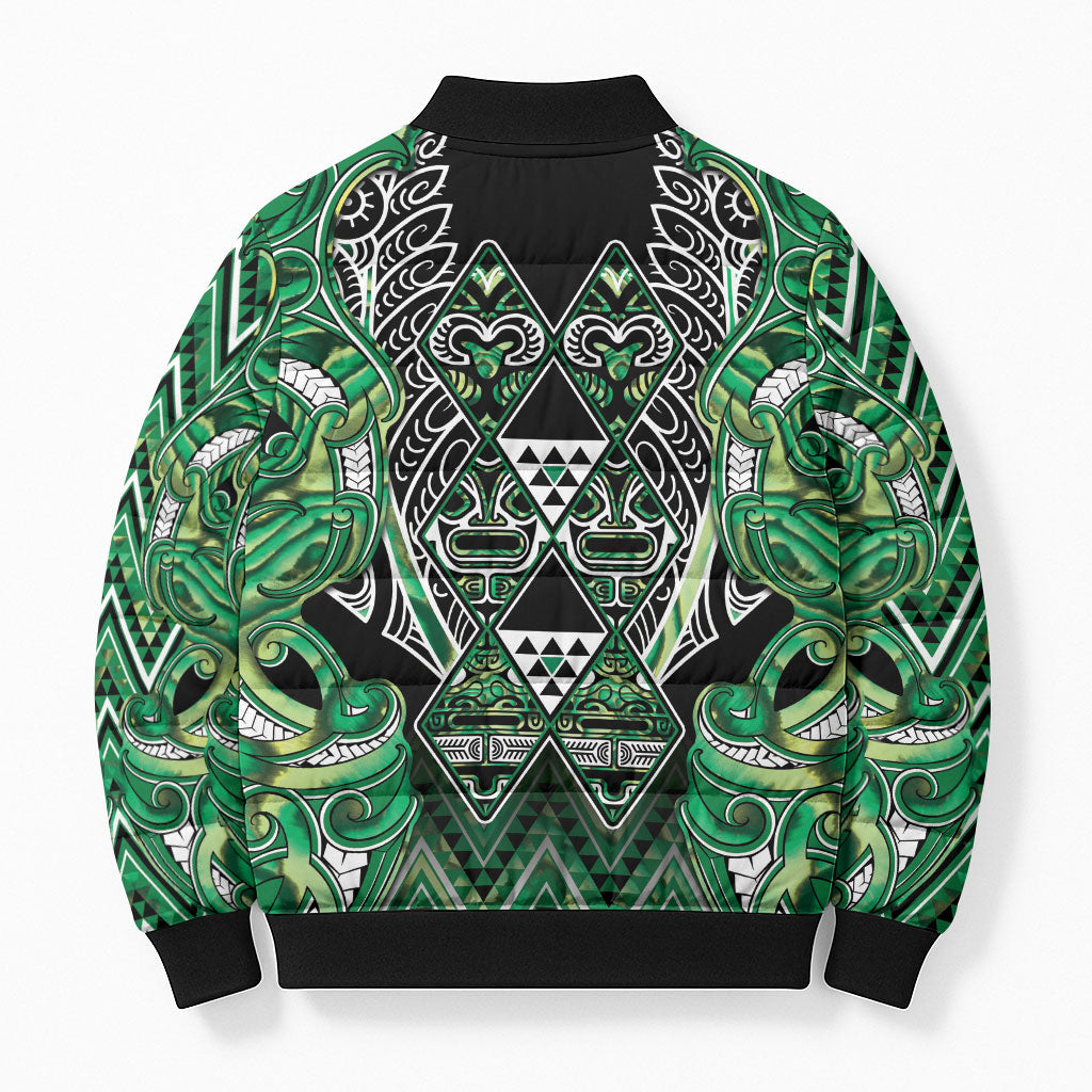 Aotearoa Whakatohea Bomber Puffer Jacket Maori Tribal Green Abalone Paua Shell Pattern DT05 - Polynesian Pride