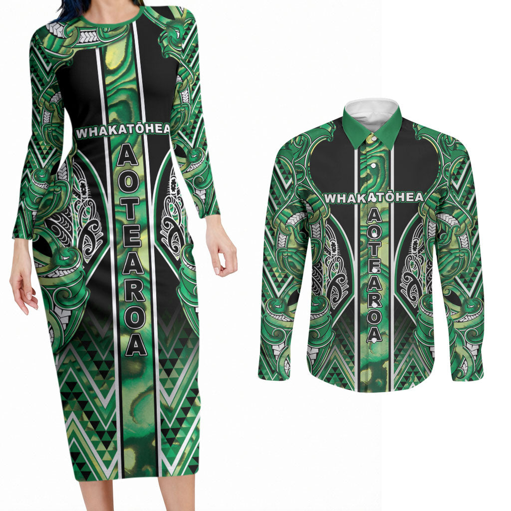 Aotearoa Whakatohea Couples Matching Long Sleeve Bodycon Dress and Long Sleeve Button Shirt Maori Tribal Green Abalone Paua Shell Pattern DT05 Green - Polynesian Pride