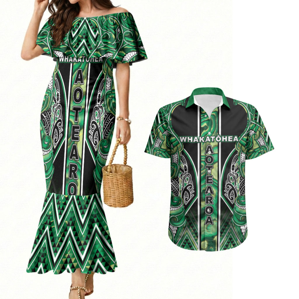 Aotearoa Whakatohea Couples Matching Mermaid Dress and Hawaiian Shirt Maori Tribal Green Abalone Paua Shell Pattern DT05 Green - Polynesian Pride