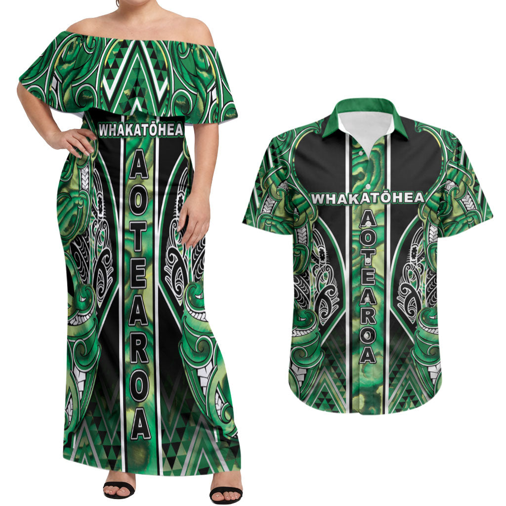 Aotearoa Whakatohea Couples Matching Off Shoulder Maxi Dress and Hawaiian Shirt Maori Tribal Green Abalone Paua Shell Pattern DT05 Green - Polynesian Pride