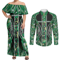 Aotearoa Whakatohea Couples Matching Off Shoulder Maxi Dress and Long Sleeve Button Shirt Maori Tribal Green Abalone Paua Shell Pattern DT05 Green - Polynesian Pride
