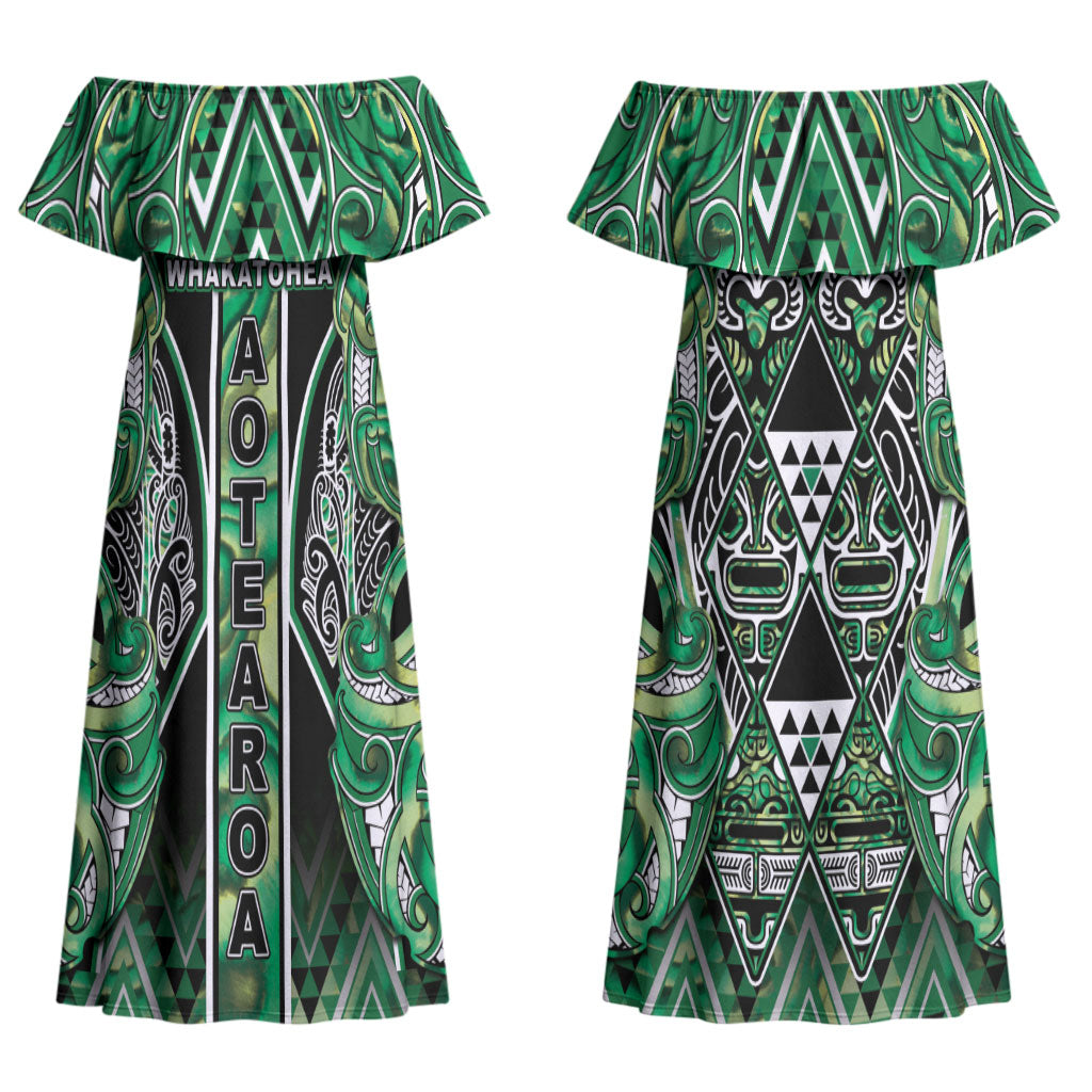 Aotearoa Whakatohea Couples Matching Off Shoulder Maxi Dress and Long Sleeve Button Shirt Maori Tribal Green Abalone Paua Shell Pattern DT05 - Polynesian Pride