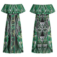 Aotearoa Whakatohea Couples Matching Off Shoulder Maxi Dress and Long Sleeve Button Shirt Maori Tribal Green Abalone Paua Shell Pattern DT05 - Polynesian Pride