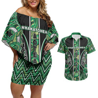 Aotearoa Whakatohea Couples Matching Off Shoulder Short Dress and Hawaiian Shirt Maori Tribal Green Abalone Paua Shell Pattern DT05 Green - Polynesian Pride