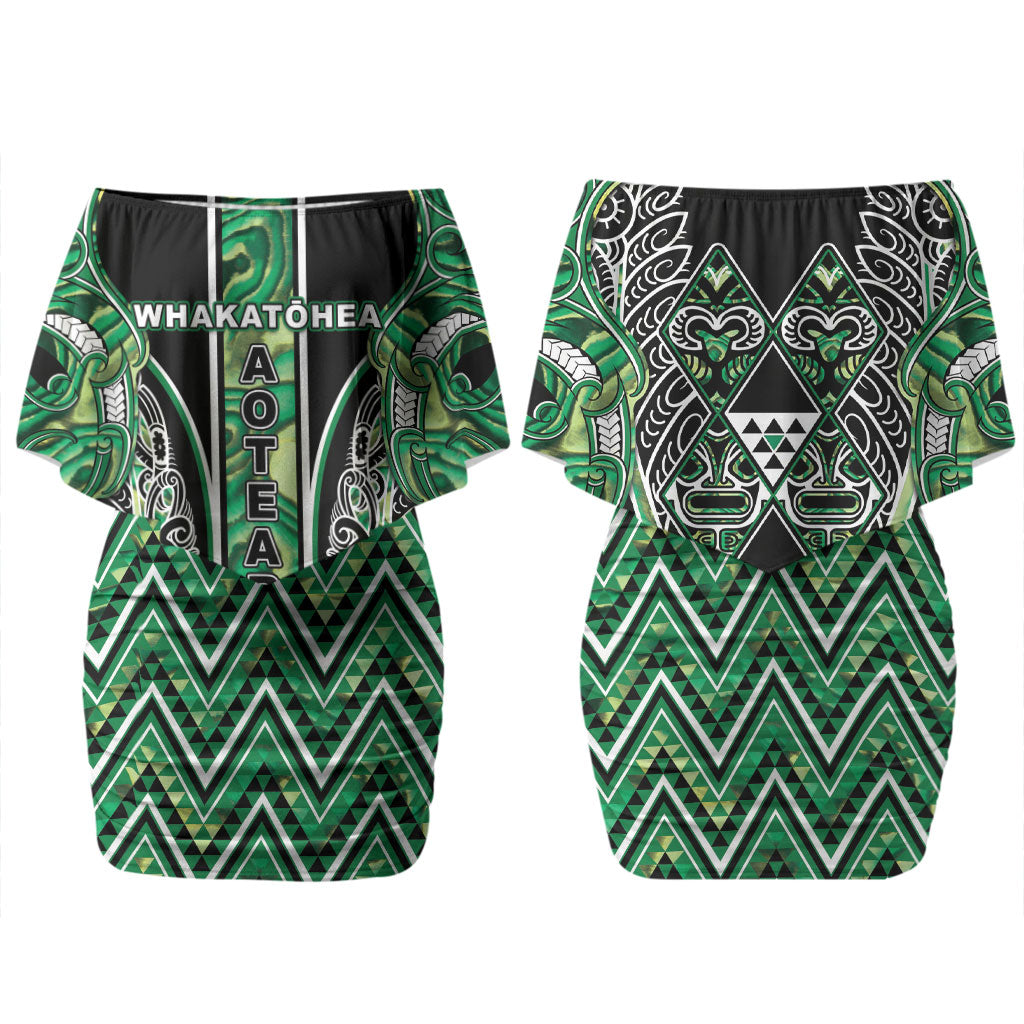 Aotearoa Whakatohea Couples Matching Off Shoulder Short Dress and Hawaiian Shirt Maori Tribal Green Abalone Paua Shell Pattern DT05 - Polynesian Pride