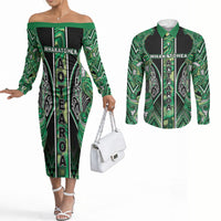 Aotearoa Whakatohea Couples Matching Off The Shoulder Long Sleeve Dress and Long Sleeve Button Shirt Maori Tribal Green Abalone Paua Shell Pattern DT05 Green - Polynesian Pride