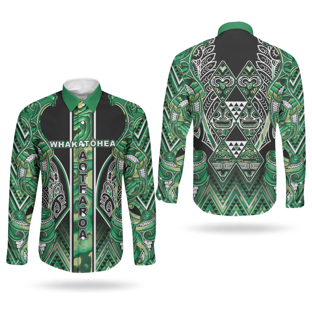 Aotearoa Whakatohea Couples Matching Off The Shoulder Long Sleeve Dress and Long Sleeve Button Shirt Maori Tribal Green Abalone Paua Shell Pattern DT05 - Polynesian Pride