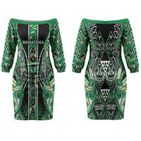Aotearoa Whakatohea Couples Matching Off The Shoulder Long Sleeve Dress and Long Sleeve Button Shirt Maori Tribal Green Abalone Paua Shell Pattern DT05 - Polynesian Pride