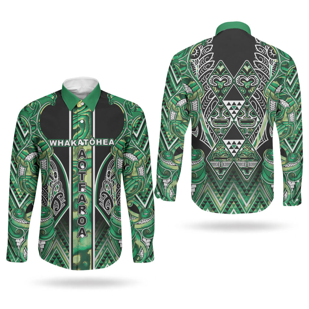 Aotearoa Whakatohea Couples Matching Short Sleeve Bodycon Dress and Long Sleeve Button Shirt Maori Tribal Green Abalone Paua Shell Pattern DT05 - Polynesian Pride