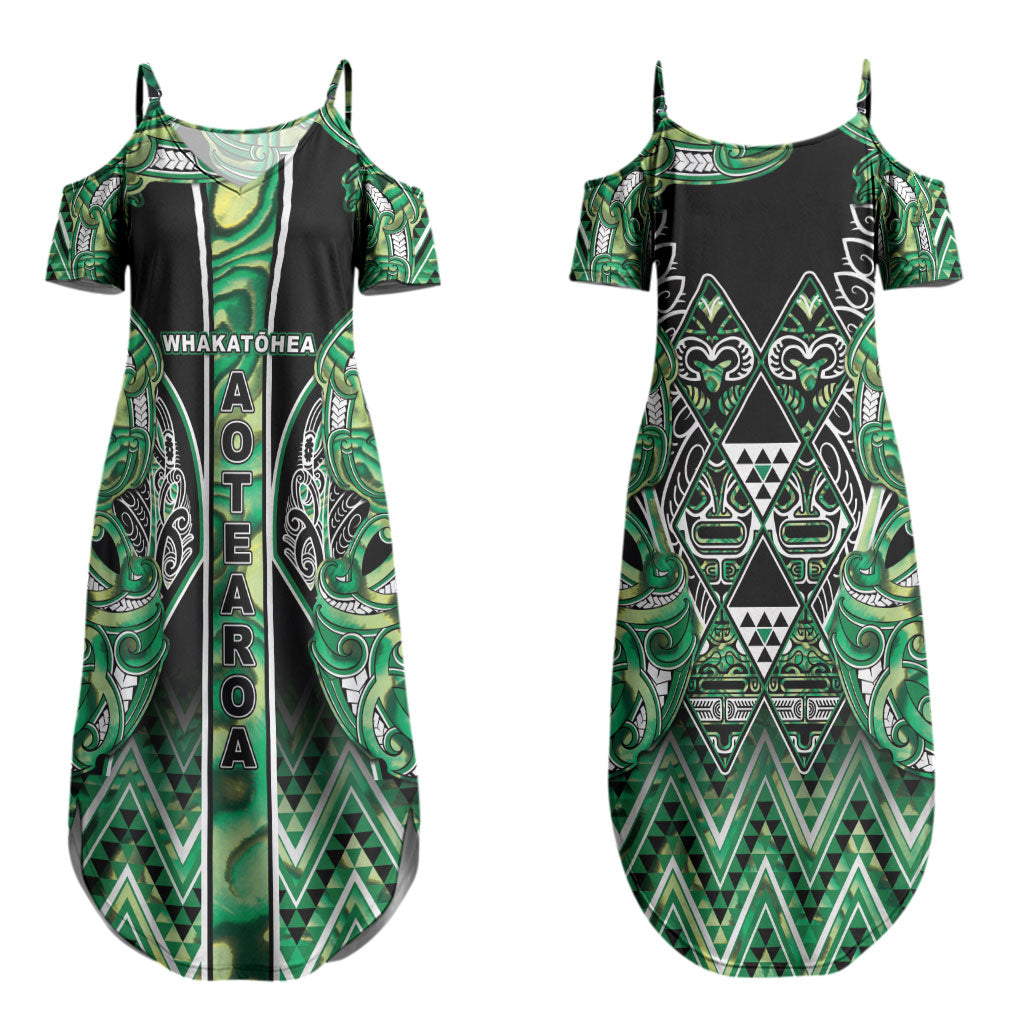 Aotearoa Whakatohea Couples Matching Summer Maxi Dress and Hawaiian Shirt Maori Tribal Green Abalone Paua Shell Pattern DT05 - Polynesian Pride
