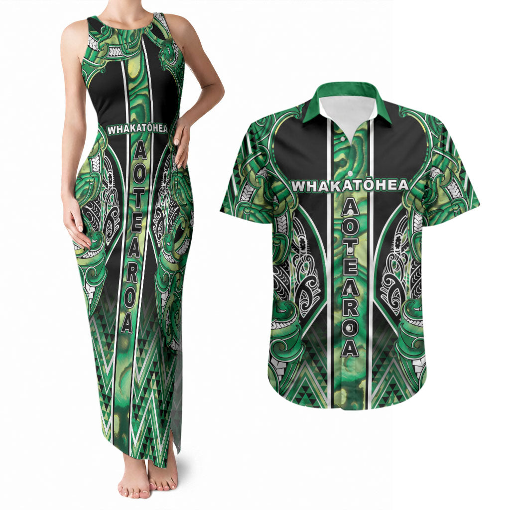 Aotearoa Whakatohea Couples Matching Tank Maxi Dress and Hawaiian Shirt Maori Tribal Green Abalone Paua Shell Pattern DT05 Green - Polynesian Pride